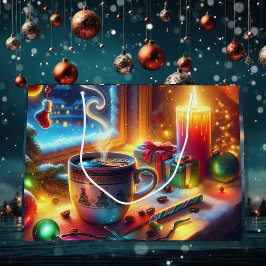 Heiße Schokolade in einem Weihnachtsfenster Große Geschenktüte