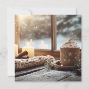 Heiße Schokolade mit Creme und Kerzen Winter Feiertagskarte