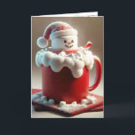 Heiße Schokolade Snowman Feiertagskarte<br><div class="desc">Ein großes Marshmallow,  das als Schneemann mit Weihnachtsmannmütze entworfen wurde,  sitzt auf einer roten Tasse,  die mit cremigem Schaum gefüllt ist. Inside text kann geändert werden.</div>
