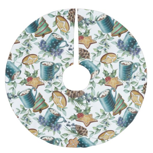 Heiße Schokolade, Weihnachtskekse und Grünpflanzen Polyester Weihnachtsbaumdecke (Vorderseite)