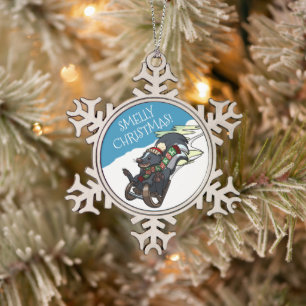 Heiße Weihnachten! Skunk auf einem Schlitten-Xmas- Schneeflocken Zinn-Ornament