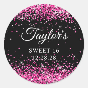 Heißer Rosa Glitter Schwarz Sweet 16 Runder Aufkleber