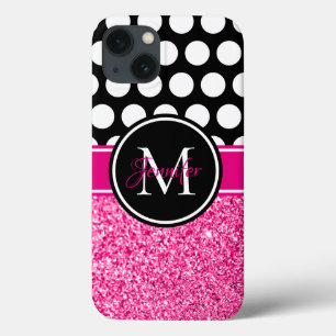Heißer Rosa Glitter Schwarz Weiß Polka-Punkt-Monog Case-Mate iPhone Hülle