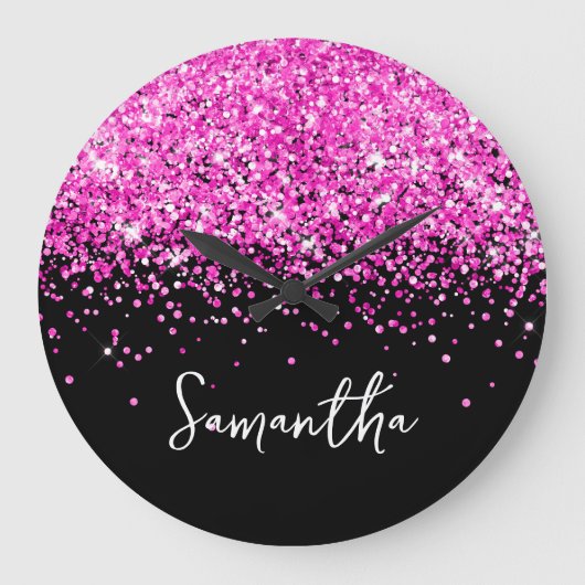 Heißer Rosa Glitter Schwarze Schrift Name Große Wanduhr (Vorderseite)
