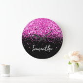 Heißer Rosa Glitter Schwarze Schrift Name Große Wanduhr (Zuhause)