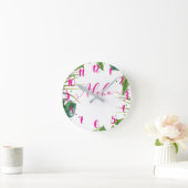 Heißes Rosa-ALOHA tropisches Blätter botanisch Runde Wanduhr (Zuhause)
