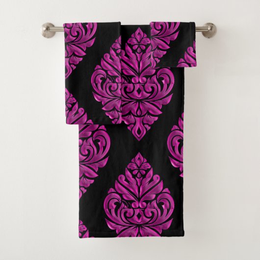 Heißes Rosa auf schwarzem DamaskTowel Set (Insitu)