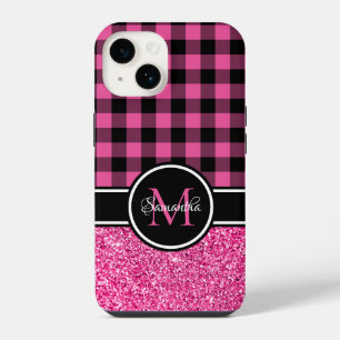 Heißes Rosa Glitter-Buffalo-Karo-Monogramm iPhone 14 Hülle