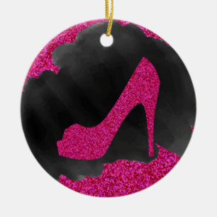Heißes Rosa-Glitzer-hoher Heels-schwarze Tinte Keramikornament