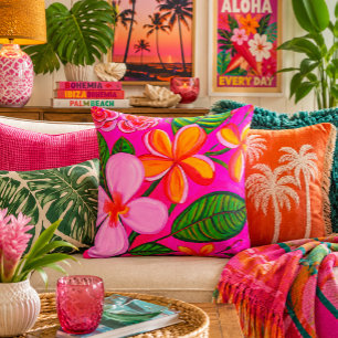 Heißes Rosa Lebendiges Tropisches Plumeria Pop Kissen