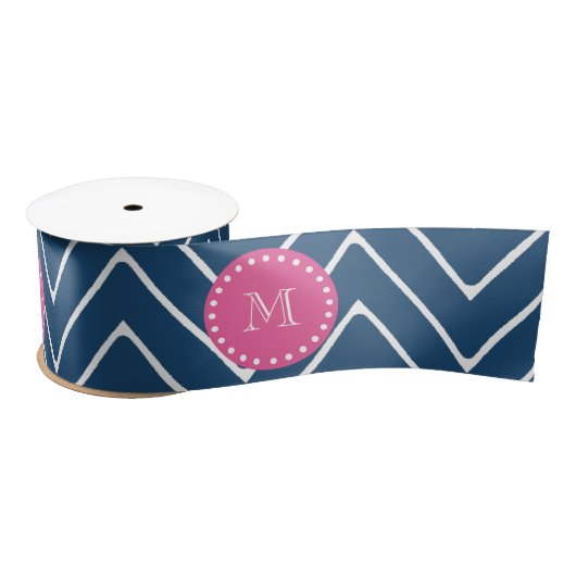 Heißes Rosa, Marine-Blau Zickzack | Ihr Monogramm Satinband (Spule)
