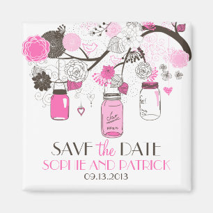 Heißes Rosa-Maurer-Glas-u. Blumen-Save the Date Magnet