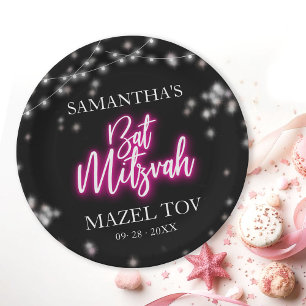 Heißes Rosa Neon-Themen Bat Mitzvah Pappteller