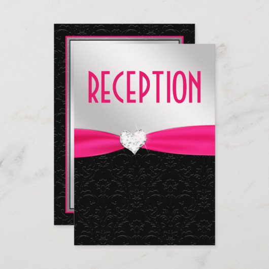 Heißes Rosa-Schwarz-Damast-Diamant-Empfangs-Karte Einladung (Vorne/Hinten)