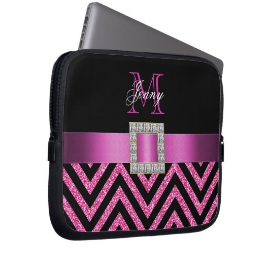 HEISSES ROSA-SCHWARZ-ZICKZACK GLITZER GIRLY LAPTOPSCHUTZHÜLLE (Vorne Rechts)