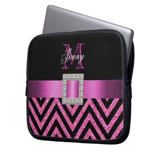HEISSES ROSA-SCHWARZ-ZICKZACK GLITZER GIRLY LAPTOPSCHUTZHÜLLE (Vorderseite Links)
