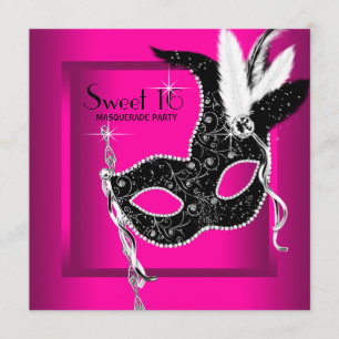 Heißes Rosa Schwarze Sweet 16-Maskenparty Einladung