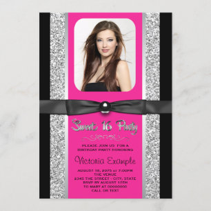 Heißes Rosa Silber Glitter Sweet 16 Party Einladung