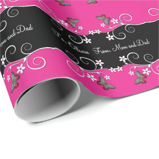 Heißes Rosa und schwarze Wirble Blumen Geschenkpapier
