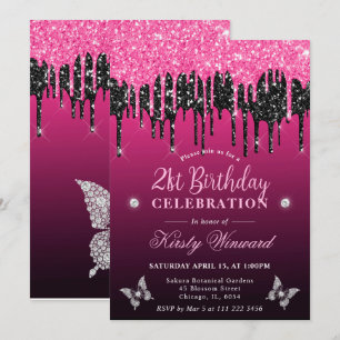 Heißes Rosa und schwarzes tropfendes Glitter 21. G Einladung