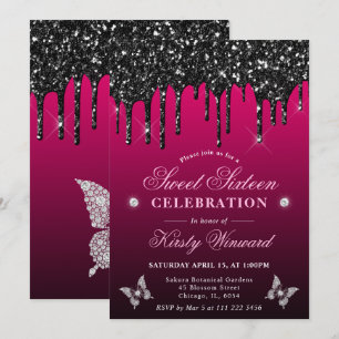 Heißes Rosa und schwarzes tropfendes Glitter Sweet Einladung