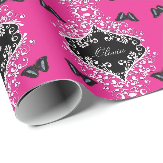 Heißes Rosa und schwarzes Wirbles Geschenkpapier (Rolleneckpunkt)