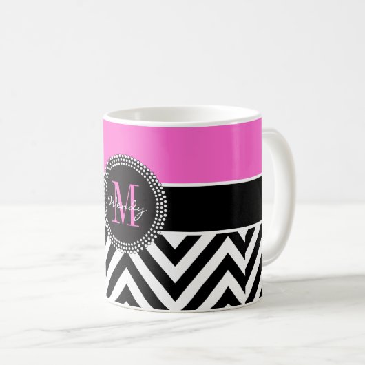 Heißes Rosa und schwarzes Zickzack Monogramm Kaffeetasse (VorderseiteRechts)