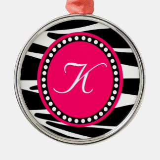 Heißes Rosa und Zebra-Streifen-mit Monogramm Silbernes Ornament