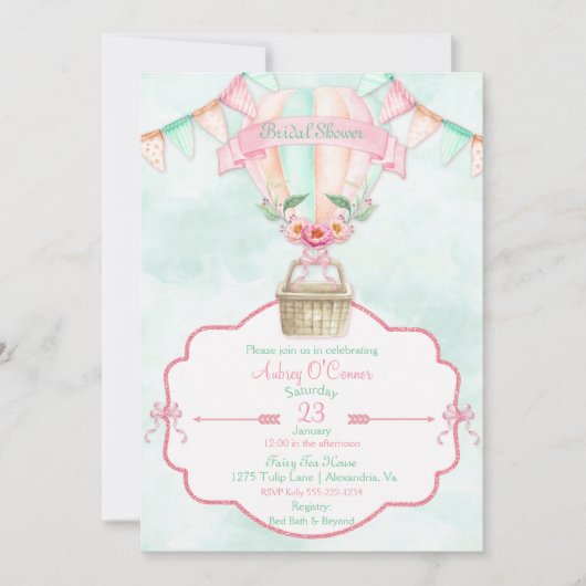 Heißluft-Ballon-Aquarell-Rosa-Minzen-Pfirsich Einladung (Vorderseite)