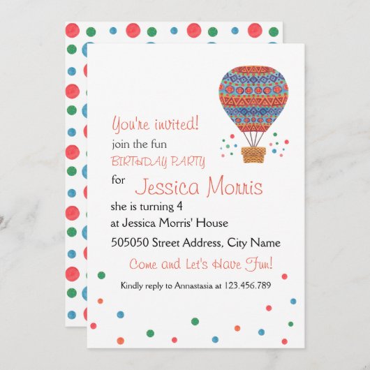 Heißluft-Ballon-Kindergeburtstag-Party Einladung (Vorne/Hinten)