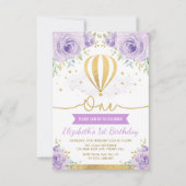 Heißluft-Ballon-lila Goldblumen1. Geburtstag Einladung (Vorderseite)