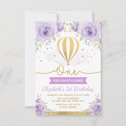 Heißluft-Ballon-lila Goldblumen1. Geburtstag Einladung (Vorderseite)