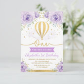 Heißluft-Ballon-lila Goldblumen1. Geburtstag Einladung (Stehend Vorderseite)
