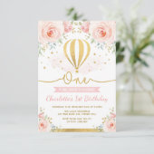 Heißluft-Ballon-Rosa-Goldblumenmädchen-1. Einladung (Stehend Vorderseite)