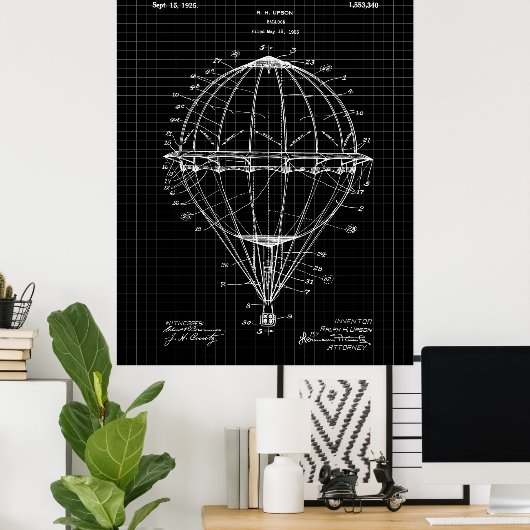 Heißluftballon 1925 Patent Art Print Black Grid Poster (Heimbüro)