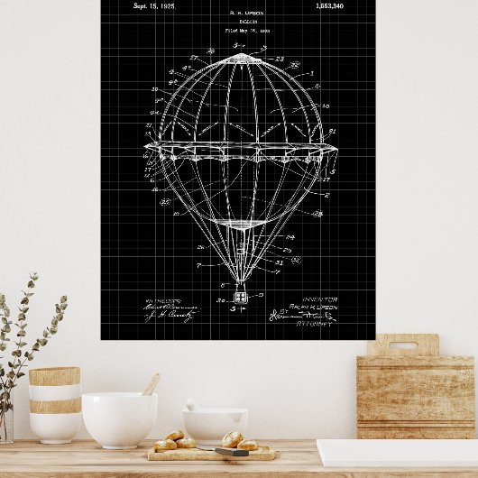 Heißluftballon 1925 Patent Art Print Black Grid Poster (Küche)