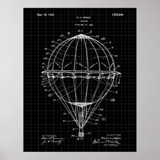 Heißluftballon 1925 Patent Art Print Black Grid Poster (Vorne)