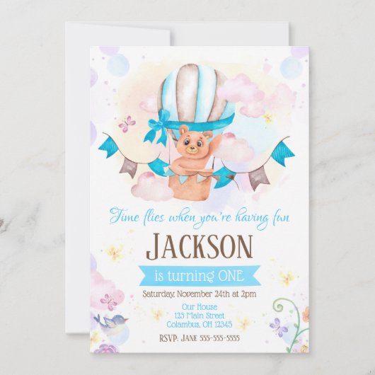 Heißluftballon 1. Geburtstag Einladung (Vorderseite)