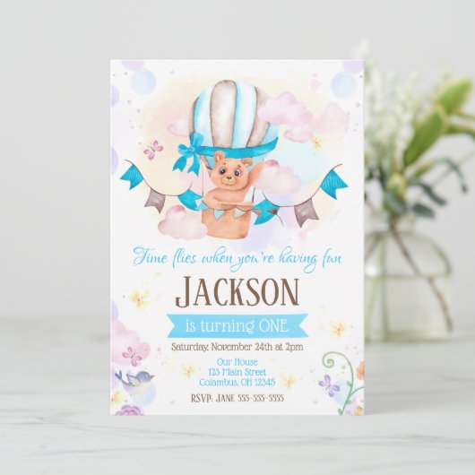 Heißluftballon 1. Geburtstag Einladung (Stehend Vorderseite)