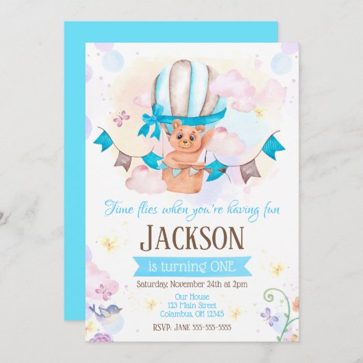 Heißluftballon 1. Geburtstag Einladung (Vorne/Hinten)