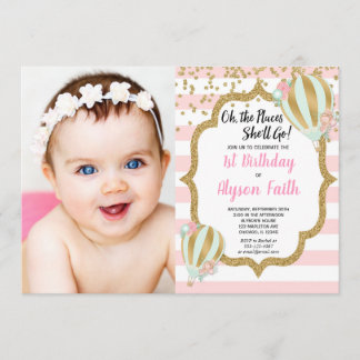 Heißluftballon 1. Geburtstag Rosa Foto Einladung