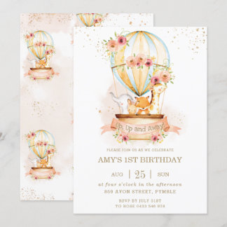 Heißluftballon 1. Geburtstags Jungle Animals Girl Einladung