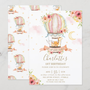 Heißluftballon 1. Geburtstags Jungle Animals Girl Einladung