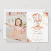 Heißluftballon 1. Geburtstagsjungle Tiere Foto Einladung (Vorderseite)