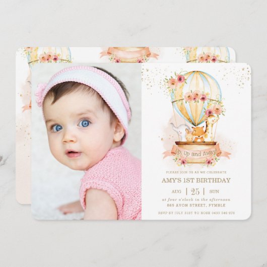 Heißluftballon 1. Geburtstagsjungle Tiere Foto Einladung (Vorne/Hinten)