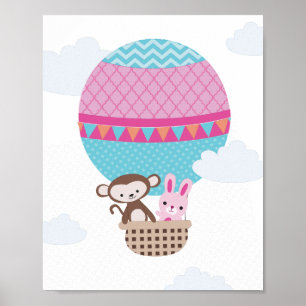 Heißluftballon-Affe und -Hase Kinderzimmer-Kunst Poster