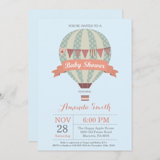 Heißluftballon Baby Dusche Einladung blau (Vorne/Hinten)