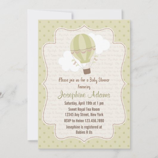 Heißluftballon Baby Dusche Einladung Grün (Vorderseite)