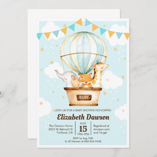 Heißluftballon Babydusche Einladung (Vorne/Hinten)