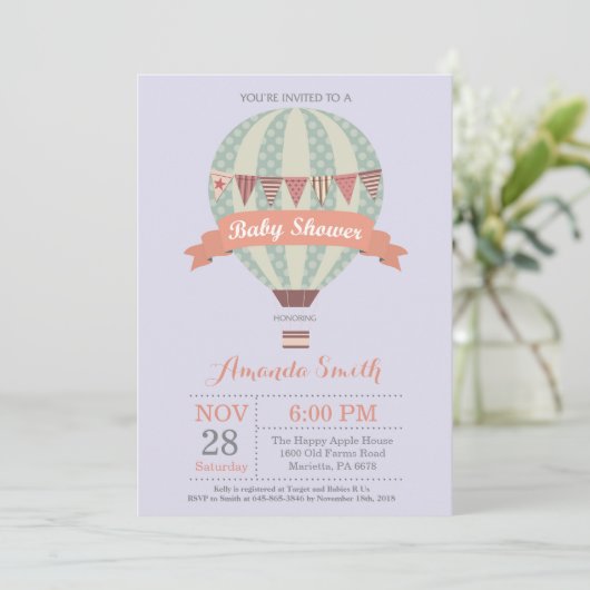 Heißluftballon Babydusche Einladung Lila (Stehend Vorderseite)